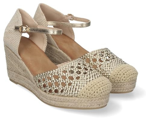 shoes&blues.es 84221 Sandalia de Cuna para Mujer, Comodas y Elegantes, Forrada de Yute, con Pala Calada, y Cierre de Hebilla. Oro Talla 36