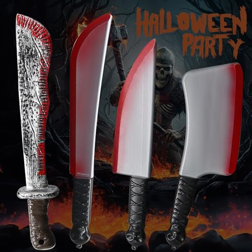 RDDAIPE 4 Piezas Cuchillo Halloween, 33-43cm Machete Halloween, Cuchillo Falsos para Halloween, Cuchillo Ensangrentado Halloween, Accesorio de Disfraz de Disfraces de Halloween para Cosplay