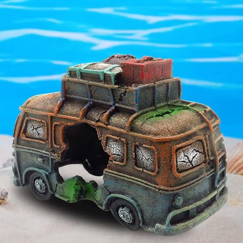 GBKDQQ Aquarium Deko, Aquarium Ornamente, Aquarium Bus Dekoration, Aquarium Zubehör Deko, Polyresin Aquarium Ornament für Fish Tank, Garnelen Versteck für Aquarium (19x10x13cm)