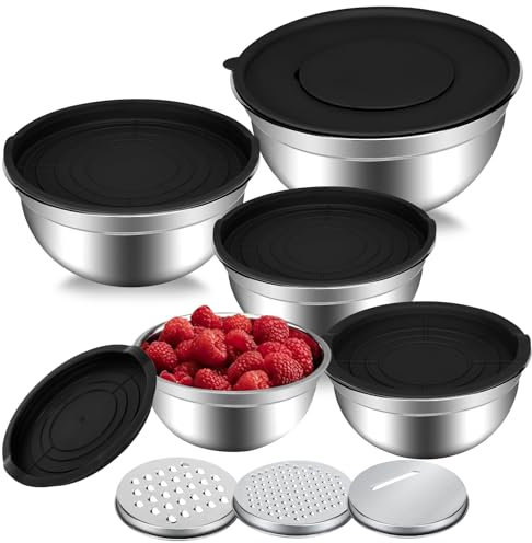 Pavlleen Bol de Acero Inoxidable, Juego de 5 Boles de Acero Inoxidable con Tapa(4qt/4.5l, 3.4qt/3.6l, 1.5qt/1.6l, 1qt/1.1l, 0.67qt/0.7l),Boles Cocina, Apilable, Tres Ralladores Incluidos