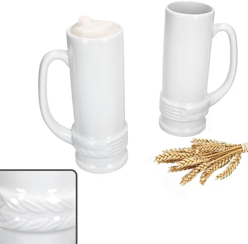 MamboCat Set di 2 brocche d'onore con manico, 0,5 litri, boccale di birra bianca in ceramica con rilievo a spighe, per 2 persone, elegante e lucido, per grigliate, feste di club