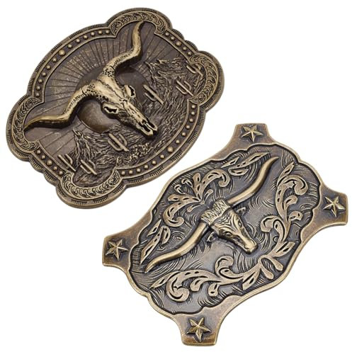 WEBEEDY 2 Styles Long Horn Bull Belt Buckles American Western Cowboy Belt Buckle for Men Women,Vintage Bronze Belt Buckle with Longhorn Motif and Western Scroll Engraving Unisex Fashion Gift