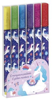 Janod - 6 Glitzer-Effekt-Marker - Thema Einhorn - 6 Farben - Magischer Marker für Zeichnen, Malen, Basteln, Kunsthandwerk, Geschenkidee für Jugendliche - Kreatives Hobby - Ab 6 Jahren - J08934
