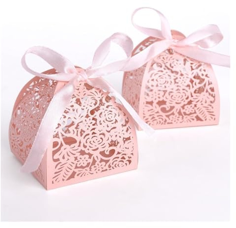 Bomboniere Hochzeit 50/100 Stück Band Pyramide Laser geschnitten Hochzeitsgeschenk Süßigkeiten Geschenk Schokoladenschachtel weiß rosa(Pink,50pcs)
