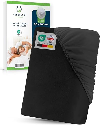 Sensalou Wasserdichtes Spannbettlaken 90x200 cm Schwarz - Matratzenschutz | Geräuscharmer Nässeschutz mit Frottee Oberfläche, Matratzenschoner für Einzelbett & Pflegebett, Öko-Tex & Dermatest geprüft