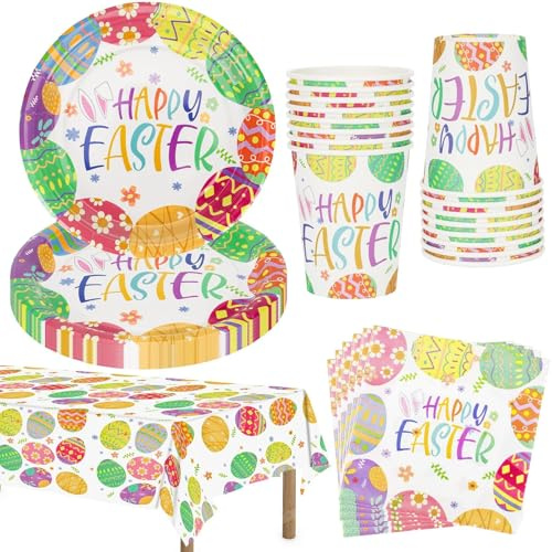 MestectPET Set di stoviglie per feste di Pasqua, piatti di carta, bicchieri, tovaglioli, tovaglia per 16 ospiti, stoviglie colorate con uova di Pasqua per primavera, forniture per feste in casa