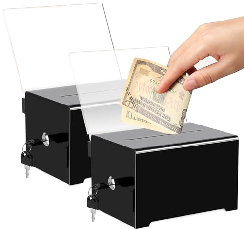 2 PCS Black Acrylic Suggestion Box with Lock, Donation Ballot Boxes Charity Collection Box Staff Tip Jar Cash Boxes for Raffle Feedback Voting Tips Charity Donations Collection
