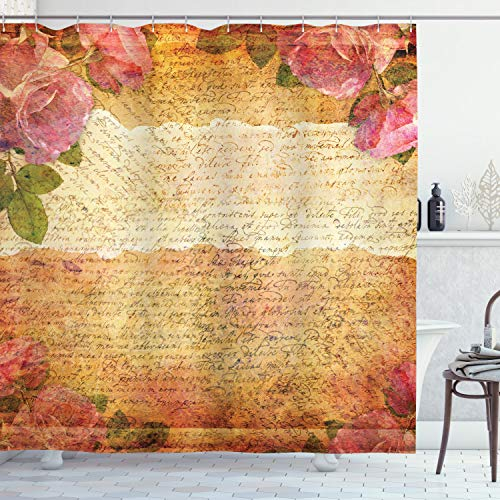 ABAKUHAUS Rose Duschvorhang, Floral Retro Nostalgische, Stoffliches Gewebe Badezimmerdekorationsset mit Haken, 175 x 180 cm, Cream Pink