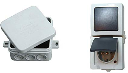 Kopp Abzweigdose Profi-Pack 10x Aufputz für den Feuchtraum, 75 x 75 x 40mm, IP54, Verbindungsdosen mit 12 Kabeleinführungen, grau & Nautic Steckdose und Schalter Kombination für Feuchtraum, grau