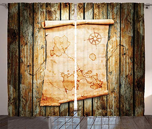 ABAKUHAUS Pirat Rustikaler Vorhang, Karte auf Grunge Holz, Wohnzimmer Universalband Gardinen mit Schlaufen und Haken, 280 x 175 cm, Creme