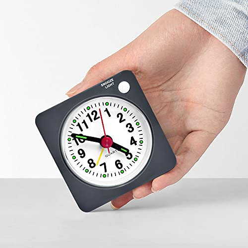 Jcobay Small Travel Alarm Clock, Silent Analog Clock with Snooze, Nightlight for Traveling, Backpacking, Grey