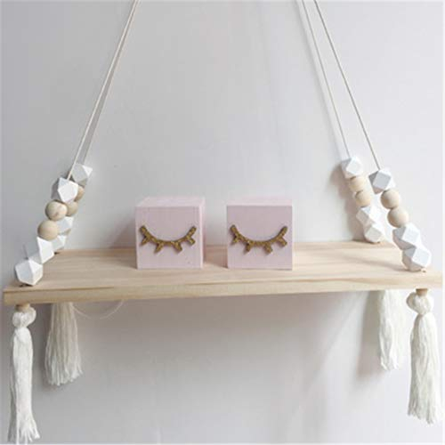 SWECOMZE Makramee Regal, Wandregal Schweberegal Holz Ständer Schaukel Hängenden Wandregal Wanddekoration für Mädchen Kinderzimmer - Größe: 38x14x1,2cm (D)