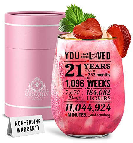 CROWNLY CRYSTAL® 21st Birthday Gifts for Women - Personalised Glass for Wedding, Girl, Him - 2001 Decorations - Gin Gift for 21 Year Old