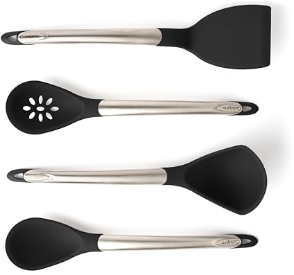 Cuisipro Silicone 4 Piece Utensil Set, Black, Heat and Stain Resistant, Spoon, Ladle, Slotted Spoon and Turner