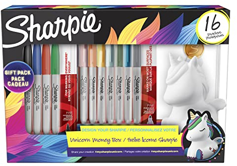 Sharpie Permanentmarker Geschenkset | Einhornspardose & Marker | feine Spitze | gemischte mystische Edelsteinfarben | 16 Stück | Einhorngeschenk für Mädchen & Jungen