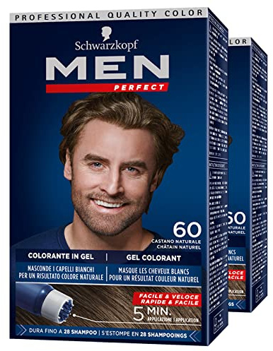 2x Schwarzkopf Men Perfect Tinta Gel Colorante Facile & Veloce per Capelli Bianchi Colore 60 Castano Naturale Colorazione per Uomo Resistente fino a 28 Lavaggi - 2 Confezioni
