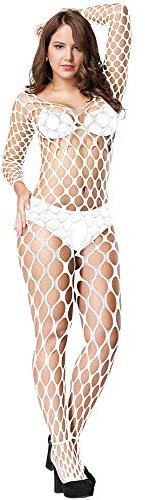 Bommi Fairy Women Lingerie Fishnet Bodysuits Nightwear for Romantic Date Long Sleeve Babydolls Mini Dress Mesh Stockings Tights Free Size (White)