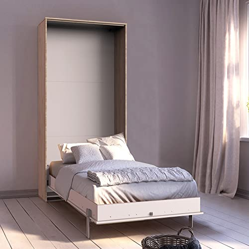 Lomadox Schrankbett 90x200 cm Eiche weiß mit Lattenrost Jugendbett Gästebett Klappbett Raumsparbett Wandklappbett
