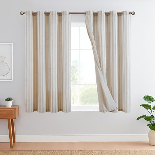 TOPICK Leinen Gestreifte Vorhänge Grau Streifen Gardinen mit Ösen Ticking Streifen Muster Leinenoptik Vorhänge Lichtfilterung für Wohnzimmer Nadelstreifen Gardine Blickdicht 2 Stück H175xB130cm