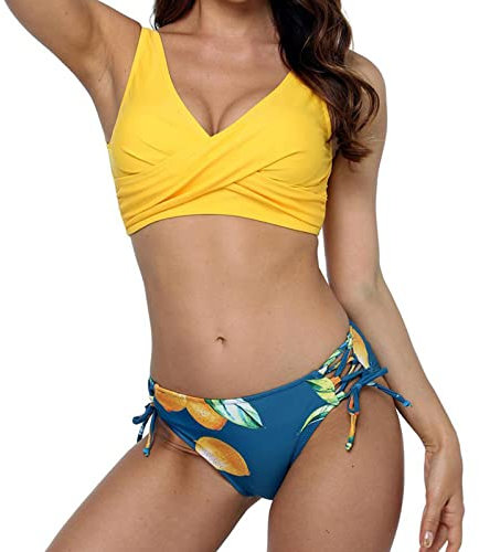 Aomig Women High Waisted Bikini Set, Two Pieces Vintage Halter Ruched Bikini, Beach Swimming Suits V Neck Twist Front Swimsuit, Sexy Swimwear Bathing Suits Yellow