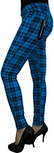 Pantalon Slim à Carreaux Tartan Pantalon Femme Punk Emo Mode Alternative, Bleu, S