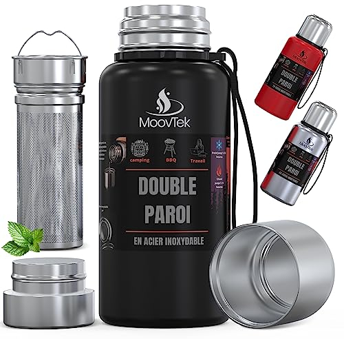 Termo té con infusor y taza doble pared de acero inoxidable 304 - Botella isotérmica de 500 ml con filtro extra largo ideal para té, café y agua (Negro)