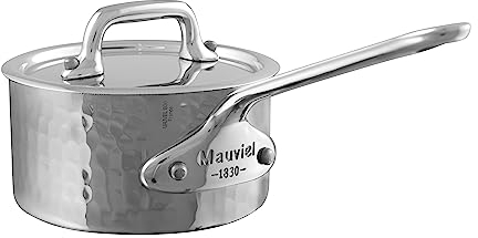 Mauviel M'Minis Stieltopf aus poliertem Edelstahl mit Deckel und Griffen aus gegossenem Edelstahl, 8,9 cm, hergestellt in Frankreich