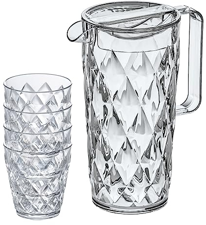 Kanne 1,6 Liter mit 4 Bechern 250 ml CRYSTAL Krug mit Trinkgläsern Kunststoff Koziol