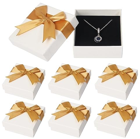 Nideen 6 Stück Geschenkbox mit Deckel für Schmuck, 7,5× 7,5× 3,5 cm Geschenkbox Schmuck Geschenkschachtel Klein mit Schleife für Halskette, Ohrringe, Ring(Gold)