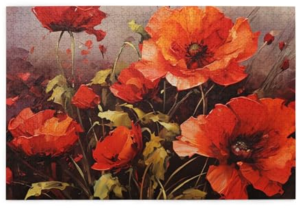 Holzpuzzle, Ölgemälde, rote Blumendruck-Puzzle, 1000 Teile, personalisiertes Bild, Puzzle, Familiendekoration, Puzzle für Erwachsene, Familie, Hochzeit, Abschlussfeier, Geschenk
