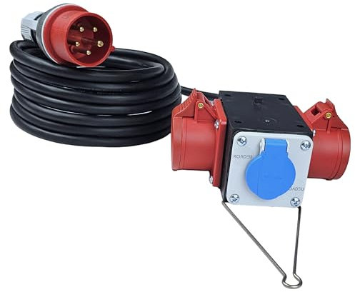 RoadEu - Distributeur de Courant avec Sorties CEE - Distributeur de Courant de Chantier 380V et 230V 16A - Distributeur Mobile, câble Caoutchouc 10 mètres - fiche CEE 5 pôles