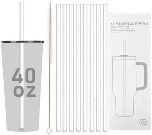 Aieino Replacement Straws for 40oz Cup 8pcs with Cleaning Brush - Plastic Straws Compatible with Stanley Adventure Tumbler Quencher Water Bottle Cup Reusable Transparent Drinking Straws