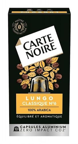 Capsules de Café Lungo N°6 CARTE NOIRE pour Nespresso - Paquet de 10 Arôme Riche et Corsé - Aluminium Recyclable - 56g - Le Lot De 3