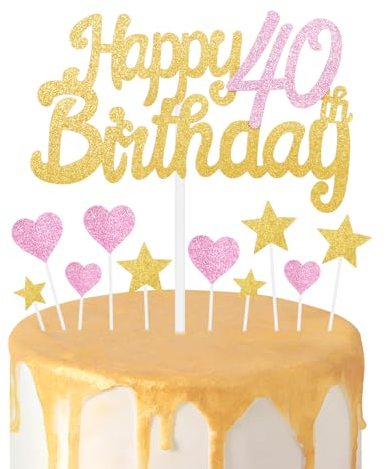 Gold Pink 40th Birthday Cake Topper, Girls 40th Birthday Decorations, Glitter Heart Stars Cake Toppers, Personalised Happy Birthday Cake Cupcake Toppers for Women Girls Baby Birthday Party Supplies