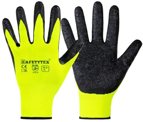Safetytex 24 Paar Arbeitshandschuhe - Montagehandschuhe mit Latex Beschichtung - neongelbe Handschuhe - Schutzhandschuhe für Haus, Garten, Industrie und Handwerk - Größe 10