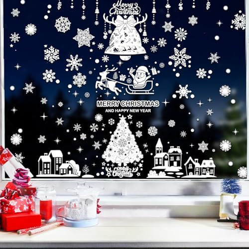 Sevenpers 247pcs Fensterbilder Weihnachten Häuser,Weiß Weihnachtsdeko mit Sterne Schneeflocken Häuser Muster,PVC Aufkleber für Winter,Christmas Weihnachten