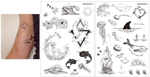 Lot de 2 feuilles de tatouage temporaire Baleine Vague Tatouage Ancre Tatouage Dauphin Tatouage Faux Tatouage LC116 117