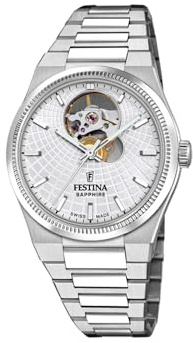 Festina Swiss Made Uhr Automatik Damen aus Edelstahl 316l Silberfarben | Widerstandsfähiges Saphirglas, Wasserdicht 10 ATM F20054/1, Automatic