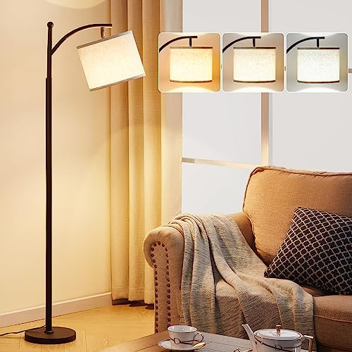 Lampada da Terra PreeOtti, Piantana Lampada da Terra Moderna con 3 Temperature di Colore, Paralume in Lino Regolabile, Lampada da Terra Vintage per Soggiorno Camera da Letto Ufficio(Lampadina Inclusa)