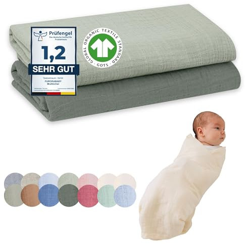 furora BABY Mullwindeln & Pucktuch 120x120 cm XXL (weiche Musselin Bio-Baumwolle) Oeko-Tex 100 Mulltücher Baby | saugtark + 60 Grad waschbar | Stoffwindeln Tuch, große Spucktücher (Grün)