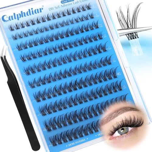 calphdiar Self Adhesive Eyelashes Clusters Natural Cluster Lashes No Glue Needed Self Adhesive Lashes Pre Glued Eyelash Extensions No Lash Band Wispy Press on Lash Clusters Reusable (D Curl, 8-16mm)