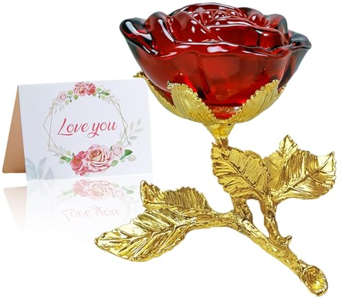 Rote Kristall Rose Figur mit Golden Stiel,3D Glasrose Geschenk für Sie,K9 Kristallrose mit Wunschkarte,Ewige Blume für Frauen zum Geburtstag, Muttertag, Hochzeit, Jahrestag, Valentinstag, Weihnachten