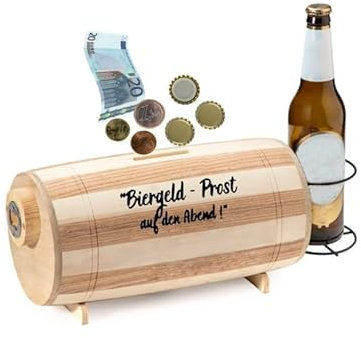 Tirelire en forme de tonneau de bière en bois avec décapsuleur et porte-bouteille – Gravure « Bière – Prost auf den Abend » - Cadeau pour homme - Boîte à capsules - Décoration de bar