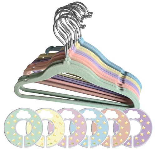 Perchas Infantiles Terciopelo Bebés, Niños, Recién Nacido. Pack 30. Color Pastel. Antideslizante,Plástico Reciclado. REGALO Separadores Ropa Armario. Multicolor: rosa,azul,verde,morado..Cabides veludo