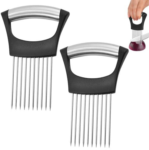 Lot de 2 coupe-oignons, porte-oignons, en acier inoxydable, coupe-légumes, tomates, pommes de terre, porte-oignons, outil d'aide à la coupe efficace, hachoir à oignons, manuel noir