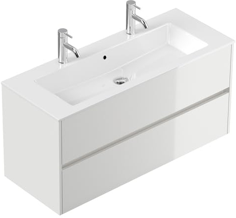 Lomadox Badezimmer Doppelwaschtisch 120 cm in weiß Hochglanz, Mineralguss-Waschbecken, 2 Schubladen, wandhängend