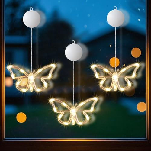 Frühlingsdeko LED Fenster Licht, 2 Stück Frühling Deko LED Lichterkette Schmetterling zum Aufhängen Lichterkette mit Saugnäpfe, Fensterbeleuchtung Batterieantrieb für Draußen Innen Fenster Deko (3er)