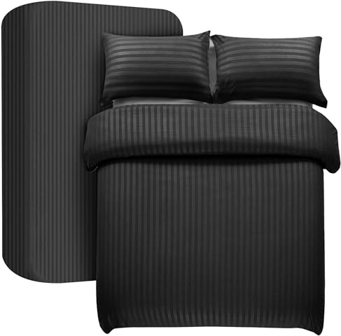 My home store Double Duvet Cover Set 4 Pcs Satin Stripe Duvet Covers Soft Brushed Microfiber Bedding Set with Fitted Sheet 30 CM Deep & 2 Pillowcases (Black)