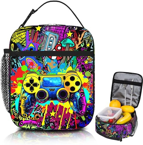 Dszemie Gamer Lunch Box for Boys, Reusable Video Game Lunch Bag for Kids Insulated Lunchbox, Portable Waterproof Leakproof Gaming Lunch Tote Bag, for School Travel Picnic Hiking Beach (A)