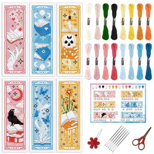 INFUNLY 6 Stk Bücher Kreuzstich Lesezeichen Set für Anfänger DIY Schmetterling Blume Gestempelt Stickerei Lesezeichen Kits Mond Vogel Nähset Anleitung Einfaches Kreuzstich Set für Buchliebhaber Leser